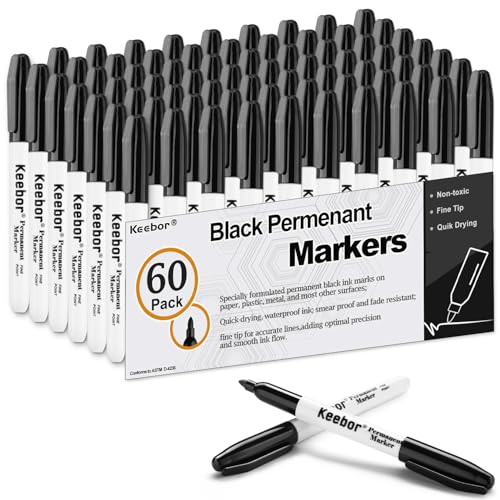 Keebor Permanent Markers Bulk, 60 Pack Black Permanent Markers, Quick Drying & Fade Resistant, Fine Point Marker Set for Wood, Plastic, Paper, Metal - size: 1 Count (Pack of 60)