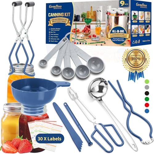Canning Supplies Starter Kit,Canning Kit for Beginners of 9 with Jar Lifter，Wide Mouth Funnel,Wrench,Tongs,Lid Lifter,Bubble Popper,Canning Labels,ladle,Measuring spoon-Blue - color: X9-Blue