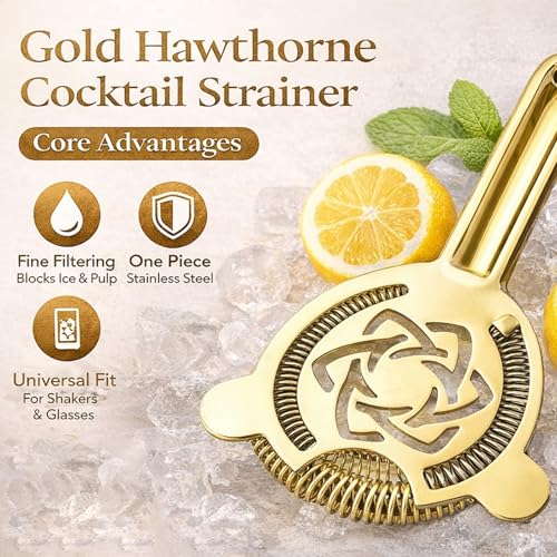 Gold Cocktail Strainer Stainless Steel Hawthorne Strainer Bar Strainer with Fine Spring for Smooth Drinks Professional Bartender Tools Barware Essential - color: #2 Gold