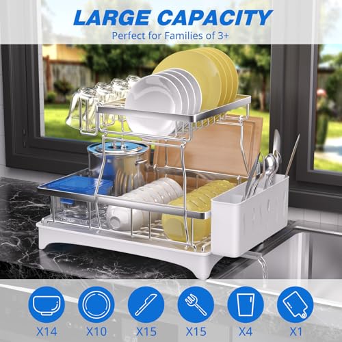 Godboat 2-Tier Dish Drying Rack - 304 Stainless Steel Dish Rack Auto Drain | Dish Racks for Kitchen Counter, Dish Drainer with Knife Fork & Cup Rack, Gifts for Women, Mothers Day, Kitchen Gadget, Silver - size: X-Large (2-Tier/Silver)