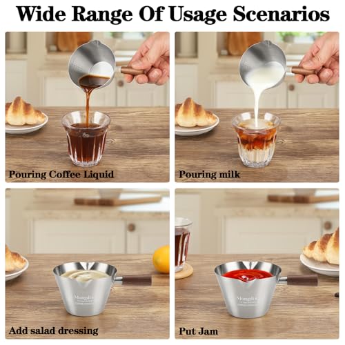 Mongdio Espresso Measuring Cup, Stainless Steel Espresso Shot Cups with Wooden Handle and Double Spouts, 6.8OZ/200ML, Silver - color: Silver, size: 6.8oz