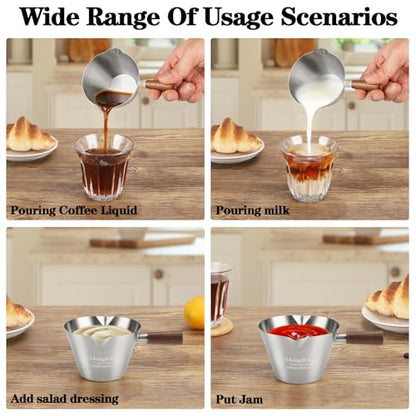 Mongdio Espresso Measuring Cup, Stainless Steel Espresso Shot Cups with Wooden Handle and Double Spouts, 6.8OZ/200ML, Silver - color: Silver, size: 6.8oz