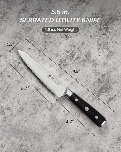 KYOKU 5.5 in. Serrated Utility Knife, Samurai Series Japanese Utility Chef Knife with Pakkawood Handle, German 1.4116 Stainless Steel Full Tang Sandwich Tomato Knife with Protective Sheath & Gift Box - size: 5.5", style: Utility Knife