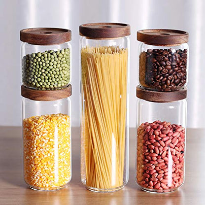 Glass Canisters Set of 5 for the kitchen, Glass Storage Container jars with Airtight Acacia Lid for Coffee Beans, Flour, Sugar, Rice and Spaghetti and etc - color: Clear Glass - Acacia Lids (Set of 5)