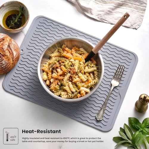 Silicone Dish Drying Mat for Kitchen Counter, Heat Resistant Dish Drainer, Easy to Clean Eco-Friendly Sink Liner, Non-Slip Drawer & Countertop Liner (16 x 12, Gray)