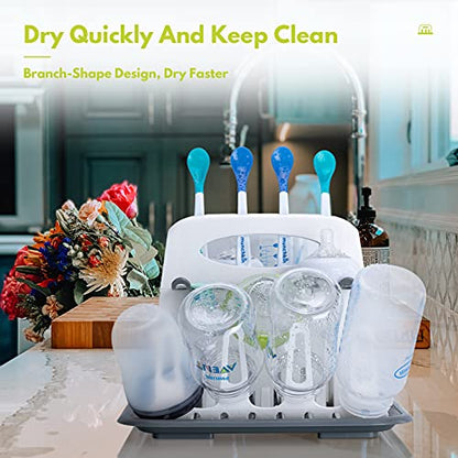 CAREBABYMORE High Capacity Drying Rack with 5pcs Brushes, Deluxe Countertop Drying Rack, Universal Drying Station, Baby Bottle Drying Rack with Bottle Brushes, White
