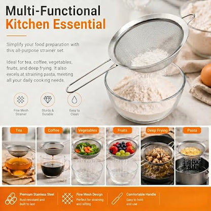 HiramWare Fine Mesh Strainer Set of 3, Premium Stainless Steel Colander with Handle, Large, Medium, Small Sieve for Tea, Pasta, Rice, Fruits, Berries, Flour, Veggies, Metal Sifter for Kitchen - size: Large + Medium + Small
