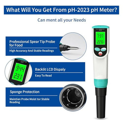 Portable Dough PH Test Pen, Digital Food PH Tester, with High Precision Sensitive Electrode, Large HD Screen, 0.00~14.00pH, Temperature 0~50℃, for Meat Canning Cheese Dough Water