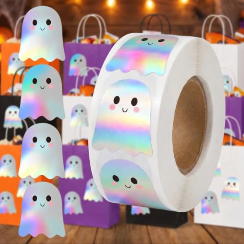500Pcs Holographic Ghost Stickers Roll, Laser Halloween Labels, Envelope Seals for Teacher Scrapbook Craft, Cartoon Ghost Decor for Halloween Party Goodie Bag Fillers - color: 500pcs- Holographic Ghost