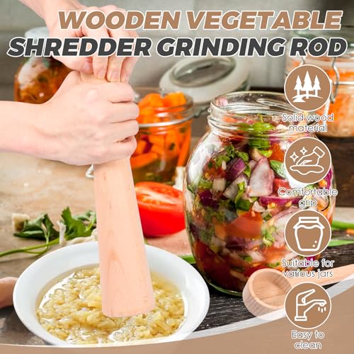 Wood Vegetable Fermentation Tamper 12 Inch Wood Pickle Pounder Sauerkraut Pounder Rod with Measuring Spoon for Fermentation Crock
