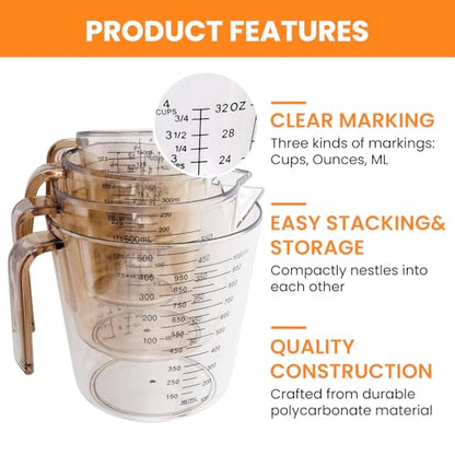 4 Cup Measuring Cups Sets,4 Sizes 150/300/600/1000ML,Liquid Measuring Cups For Kitchen BPA Free Plastic with Nozzle Handle Multiple Measurement Scales Thick (Black)