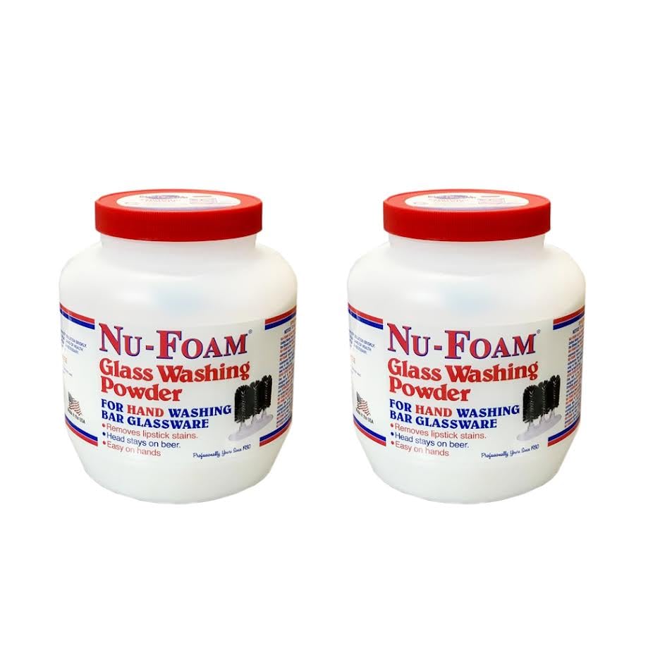 Nu-Foam Glass Washing Powder - Detergent for Bar Glassware – Original Streak-Free Solution - Hand Washing Bar, Tavern, Brewery Supplies - Spotless Serving Glasses - Easy On Hands - 4 Lb Jar - 2 Pack - style: 64 Ounce (Pack of 2)