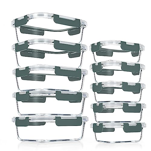 VERONES 10 Pack Glass Meal Prep Containers, Airtight Glass Lunch Containers, Stackable Glass Food Storage Containers Set with Lids,BPA-Free, for Microwave, Oven, Freezer & Dishwasher Friendly,Grey - color: Grey