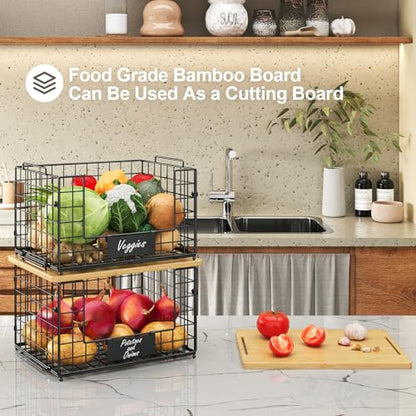 2 Pack Stackable Wire Baskets with Bamboo Top for Pantry Organizers and Storage, XXL Kitchen Organization Counter Basket for Fruit, Vegetable, Produce, Bread, Potato and Onion Storage Bins - size: XXL-15.2x11.02x9.84