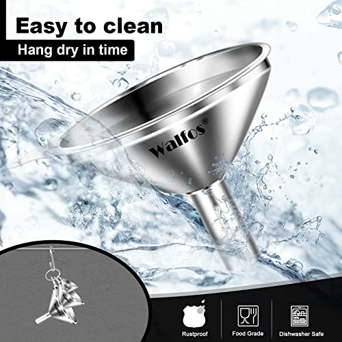 WALFOS Mini Stainless Steel Funnels, Multi-use Small Kitchen Funnel Set, for Transferring Liquid, Fluid, Essential Oils, Powder,Tiny Spices,Long-Lasting and Dishwasher Safe (3 in、2.2 in、1.7in) - color: 3pcs funnel 7.5+5.5+4.5 cm