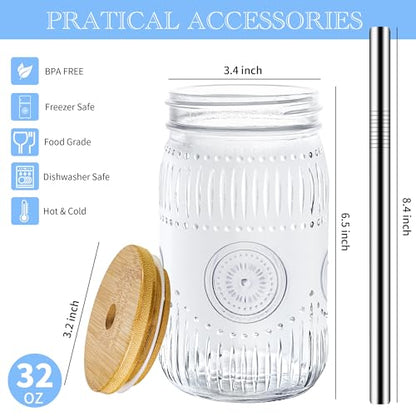 Amzcku 32oz vintage Mason Jars with Bamboo Lids and Stainless Steel Straws -Wide Mouth Quart Canning Jar, Reusable 32oz Boba & Smoothie Cups (2-Pack)