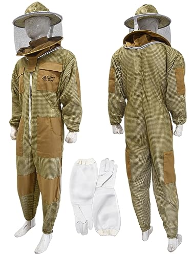 Highly Ventilated Beekeeping Suit Beekeepers 3 Layer Premium bee Suit for Men & Women with Pair of Gloves - color: Khaki Round Veil, size: 3X-Large