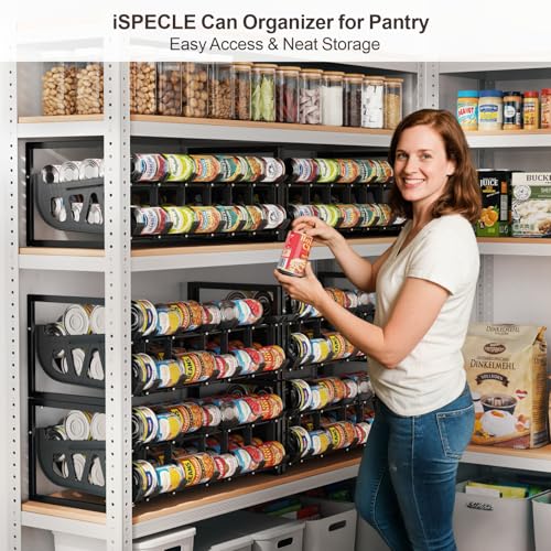 iSPECLE Pantry Can Organizer - Auto-Rolling, Expandable, Holds 120 Cans | Stackable For Walk-in Deep Pantry Shelve, Adjustable Width for Food Cans, Sturdy Metal Frame, Easy Access & Restocking, Black - color: 120 Cans, Black