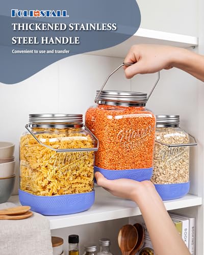 1 Gallon Glass Jars with Airtight Lid, 4.3" Wide Mouth Mason Jars, 2 PCS | Metal Screw Lid, Silicone Inner Lid, Handle and Non-Slip Base, BPA Free, 128 oz, Storage Containers for Flour, Sugar and Food