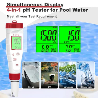 pH Tester,Digital pH Meter for Water,New Version TDS Meter for Drinking Water with Backlit Simultaneously Display 4 in 1 TDS pH EC Meter for Water Hydroponic Nutrient Solution,Pool,Home Use - style: 4 in 1 pH Meter