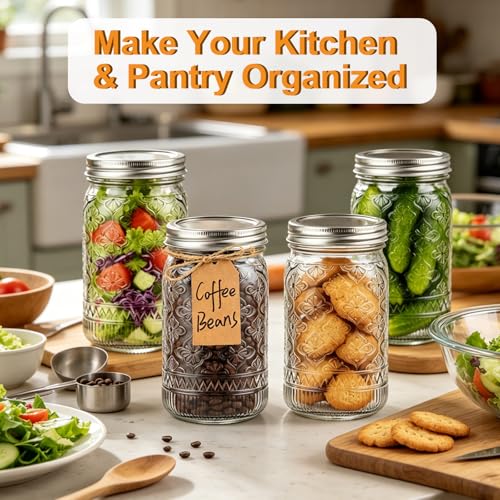 32 oz Wide Mouth Mason Jars with Lids and Bands, 12 Pack Quart Canning Jars, Clear Glass Jars for Pickling, Preserving, Meal Prep