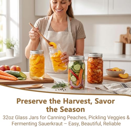 32oz Wide Mouth Mason Jars 2-Pack, Quart Glass Canning Jars with Airtight Lids and Bands & Extra Plastic Lids – Food Storage, Meal Prep, Pickling, Fermenting, Cold Brew, DIY Projects & Gifts - color: Clear-32OZ