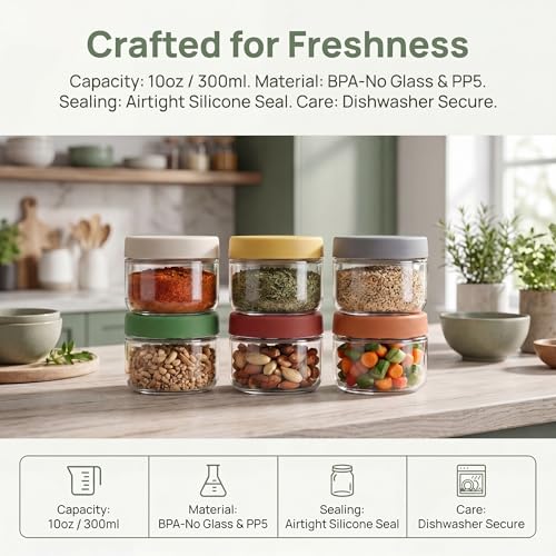 EONJOE 10 oz Small Glass Containers with Lids, Food Storage Jars, 6pk | Perfect for Chia Pudding Jam Snacks Yogurt Overnight Oats Candy ,Dishwasher safe,Airtight - size: 10oz