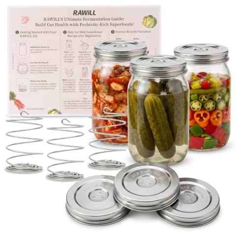Fermentation Kit to Make Perfect Pickles, Sauerkraut, Kimchi & Probiotic-Rich Vegetables, Easy Pickling Kit for Wide Mouth Mason Jars with Venting Lids & Fermenting Springs