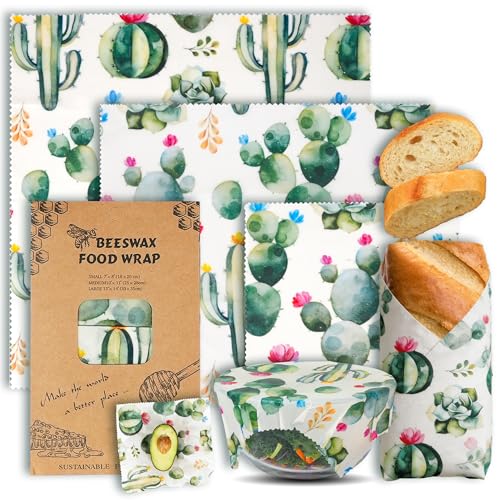 Cactus Beeswax Wraps, S/M/L 3 Pack Reusable Food Storage | Organic plastic-free sustainable wraps; For bread, sandwiches, cheese, fruit & bowl covering; Eco zero waste food storage