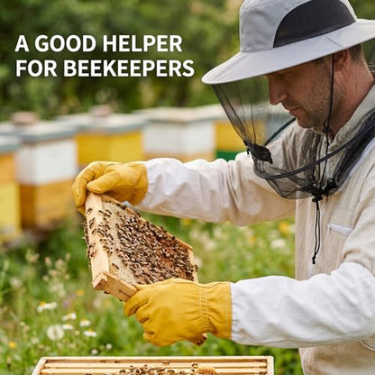 Sucrain Beekeeping Gloves Hats Set Thick Leather Bee Gloves with Ventilated Sleeves & Bee Keeper Fencing Veil Mosquito Hats Bee Outfit for Backyard and Beekeeping