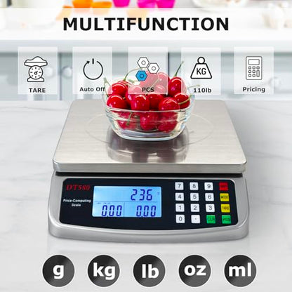 110lb/50kg Food Scale Digital Kitchen Scale with Tray Large LCD Display 304 Stainless Steel Commercial Price Computing Scale Counting Scale for Baking Cooking Meat Industry Counting Adapter Included - color: Silver 50KG with Tray