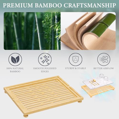 Golener Stone Drying Mat for Kitchen Counter, Dish Drying Pad with Bamboo Rack, Super Absorbent Diatomaceous Earth and Drying Rack, Multi-purpose Quick Drying Mat Rack for Kitchen,Marble White,16”x12”