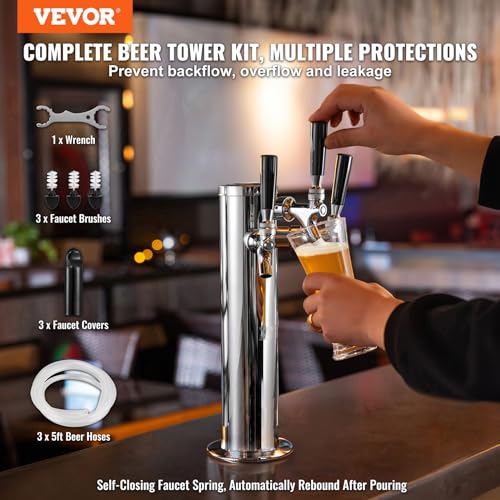VEVOR Triple Taps Draft Beer Tower Dispenser, Stainless Steel Keg Beer Tower, Kegerator Tower Kit with Pre-Assembled Tubing and Self-Closing Faucet Shanks for Party, Bar, Pub, Restaurant - style: Triple Faucets