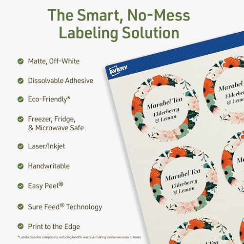 Avery Dissolvable Round Labels, Sure Feed Technology, 2" Diameter, Matte White, Print-to-The-Edge, Laser/Inkjet Printable, 120 Labels Total - style: 120 labels