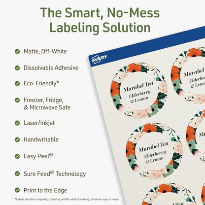 Avery Dissolvable Round Labels, Sure Feed Technology, 2" Diameter, Matte White, Print-to-The-Edge, Laser/Inkjet Printable, 120 Labels Total - style: 120 labels