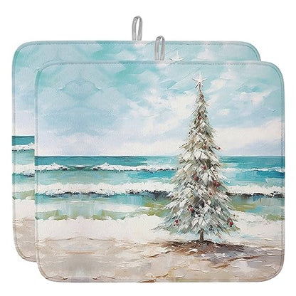 Coastal Christmas Tree Dish Drying Mat for Kitchen Counter, Microfiber Rack Pads, Modern Oil Painting Beach Xmas Tree Absorbent Dish Bottle Drying Mat, 18''x24'', 2 Pack - size: 2PCS-18x24in