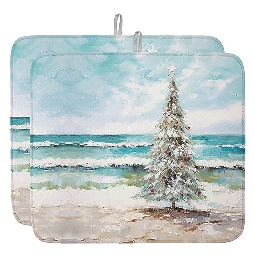 Coastal Christmas Tree Dish Drying Mat for Kitchen Counter, Microfiber Rack Pads, Modern Oil Painting Beach Xmas Tree Absorbent Dish Bottle Drying Mat, 18''x24'', 2 Pack - size: 2PCS-18x24in