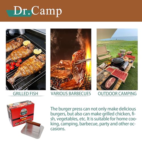 Dr.Camp 7 Inch Stainless Steel Burger Press with Real Wood Handle Heavy Duty Bacon Press Grill Press for Griddle Flat Top Smash Burger Press Hamburger Smasher Meat Press (Square) - style: Square