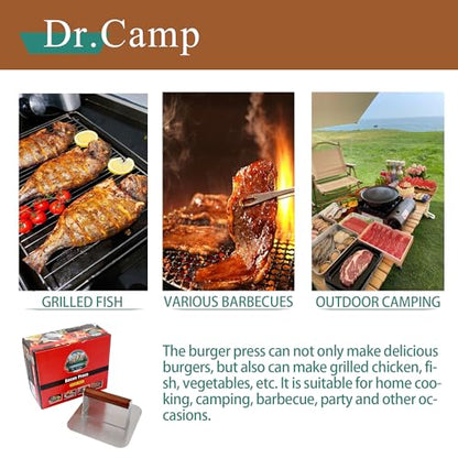 Dr.Camp 7 Inch Stainless Steel Burger Press with Real Wood Handle Heavy Duty Bacon Press Grill Press for Griddle Flat Top Smash Burger Press Hamburger Smasher Meat Press (Square) - style: Square