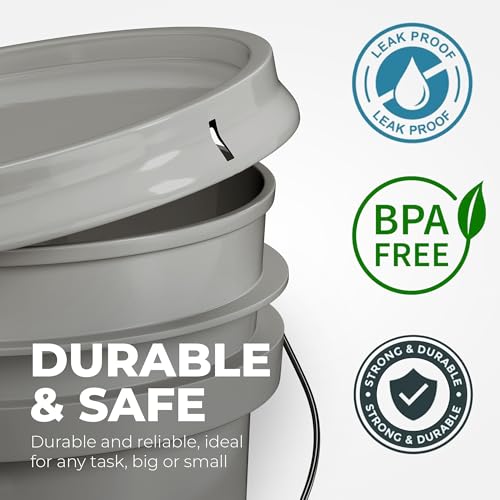 EconoHome 5-Gallon Grey Bucket Pail Container with Lid | Metal Handles with Plastic Grip | Easy Stack and Store | Heavy-Duty, Approx 90 MIL, Extra Durable | Food Grade | BPA Free - 2 Pack - color: Gray, size: 2 Pack
