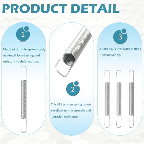3 Pack #61 4 Inch Double-Hook Tension Spring, Spring Steel for Automotive & Household Hardware Replacement Parts
