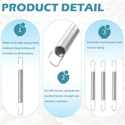 3 Pack #61 4 Inch Double-Hook Tension Spring, Spring Steel for Automotive & Household Hardware Replacement Parts