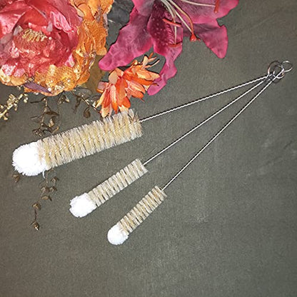 NewFerU Stainless Steel Soda Bottle Cleaning Brush Set in Natural Boar Bristle Wool Tip Long Handle, Flexible Bendable Thick Wire Cleaner for Narrow Neck Water Baby Bottles Straw Pipe Tube Flask (3) - color: 3