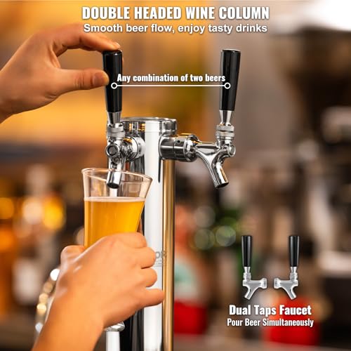 VEVOR Kegerator Tower Kit, Dual Taps Beer Conversion Kit, Stainless Steel Keg Beer Tower Dispenser with Dual Gauge CGA320 Regulator & D-System Keg Coupler, Beer Drip Tray for Party Home - style: Dual Taps