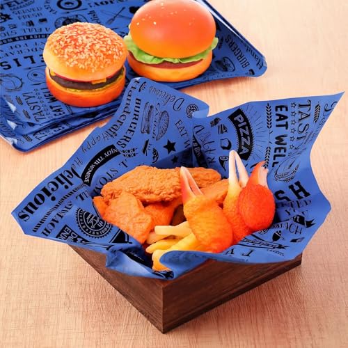 Outus 600 Pcs 12 x 12 Inch Deli Wax Paper Sheets Grease Resistant Tray Basket Liners Newsprint Paper Water and Grease Proof Sandwich Wrapping Square Hot Dog Wrapper for Food Baking (Blue) - color: Blue