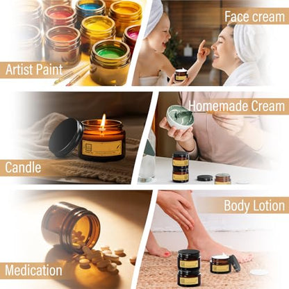 2 oz Glass Jars with Lids,Amber,12 Pack Empty Cosmetic Containers with Inner lids and Inner Liners,Black Metal Lid,Refillable Round Airtight Jars,Use to store Lotion,Powders,Candle Making
