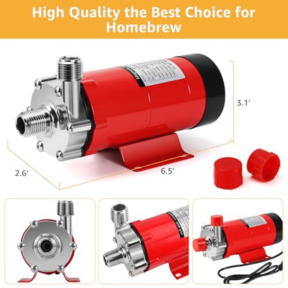 MRbrew Wort Pump Stainless Steel for Wort Transfer, Magnetic Beer Pump Brew with 1/2” NPT Thread Head, Quiet Operation & Excellent High Temperature Resistance System Beer Brewing Kit (RED) - size: Red Pump