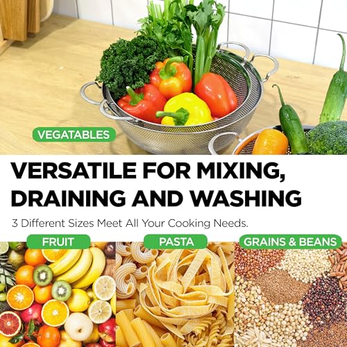 Premium 18/8 304 Stainless Steel Set of 3 – Micro-Perforated Strainers with Handles, Self-Draining Base for Pasta Vegetables Fruit, Heavy Duty (4, 6, 8 Qt) Made in Korea - size: 4+6+8QT Colander