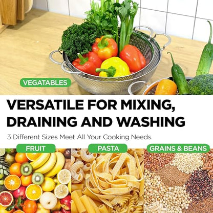 Premium 18/8 304 Stainless Steel Set of 3 – Micro-Perforated Strainers with Handles, Self-Draining Base for Pasta Vegetables Fruit, Heavy Duty (4, 6, 8 Qt) Made in Korea - size: 4+6+8QT Colander