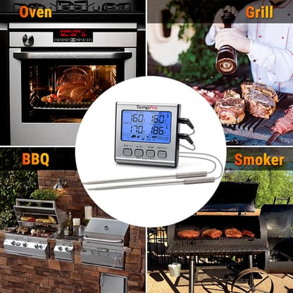 TempPro TP17 Dual Probe Digital Cooking Meat Thermometer Large LCD Backlight Food Grill Thermometer with Timer Mode for Smoker Kitchen Oven BBQ, Silver (Previously ThermoPro) - size: 2-probes